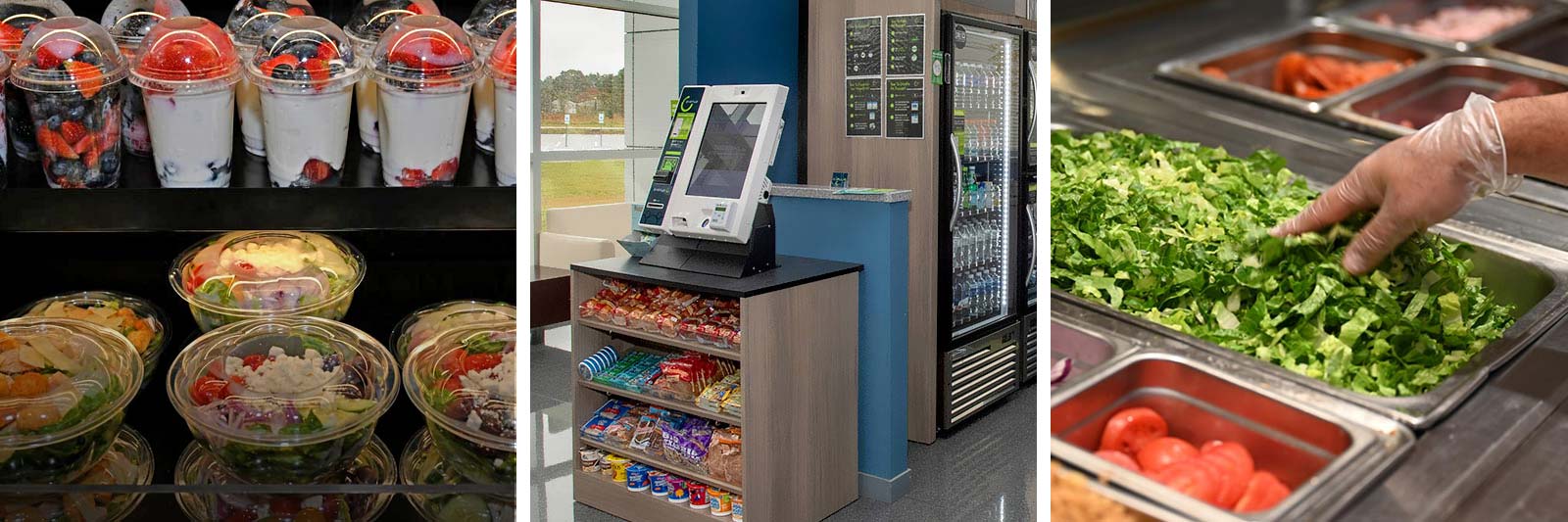 photo of pre-packaged salads, a micro-mart, and a gloved hand touching a food prep counter